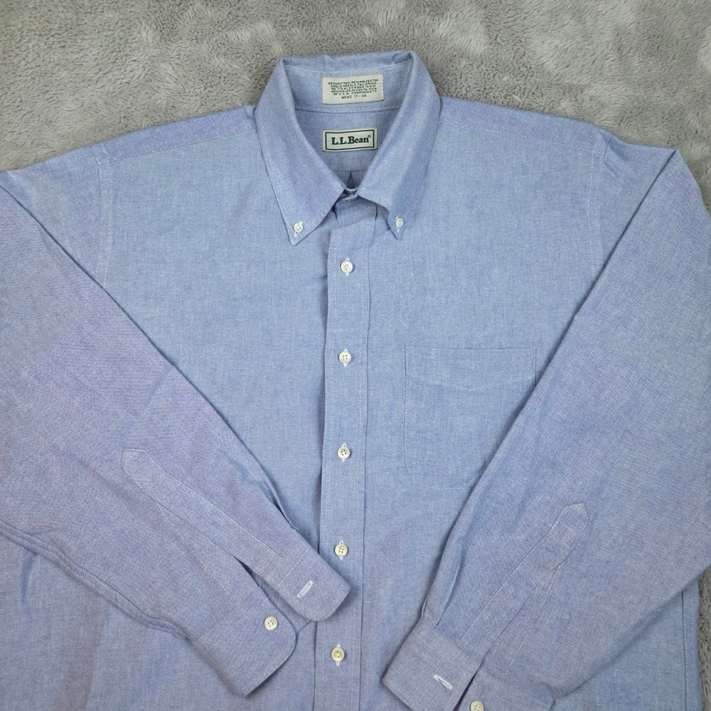 LL Bean Oxford Button Down Shirt Mens 17-34 Long Sleeve Pocket Solid Light Blue